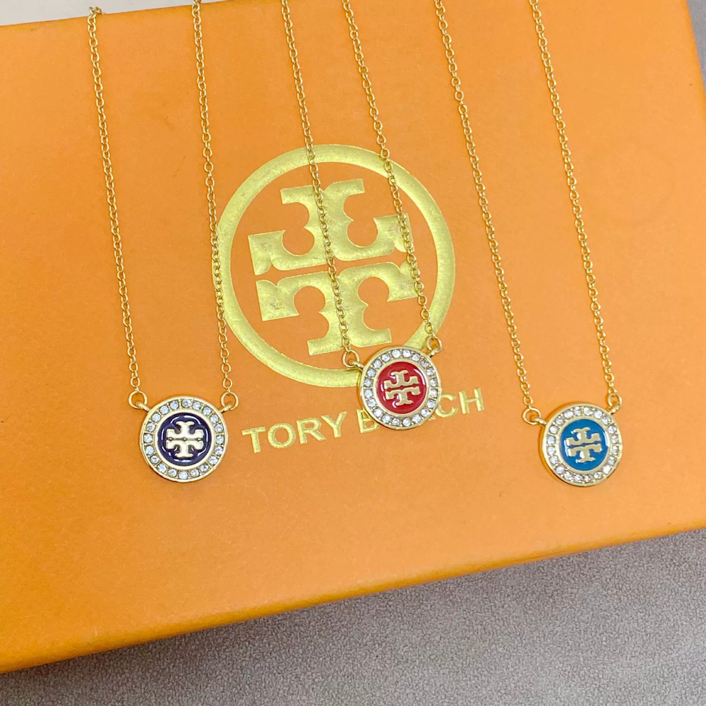Tory Burch Crystal Enamel Round Metal Necklace With